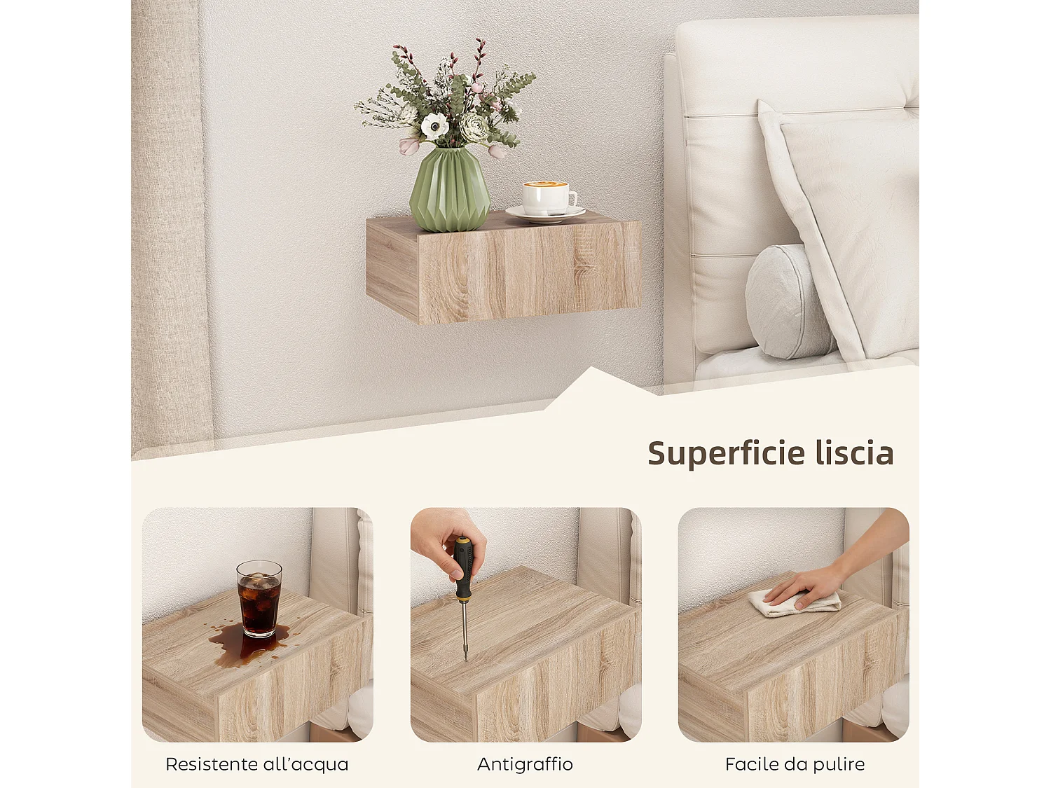 Set di 2 comodini sospesi moderni con cassetto in legno rovere