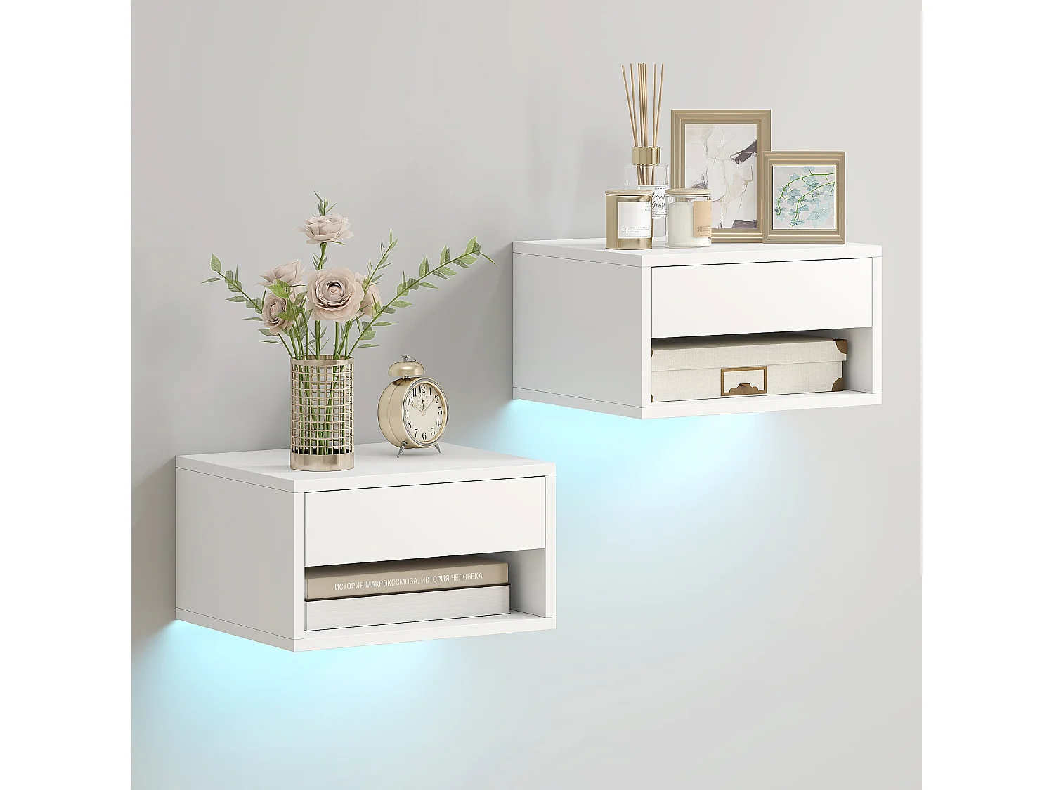 Set 2 comodini sospesi con luci led regolabili con app bianco