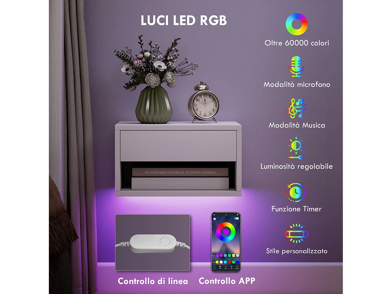 Set 2 comodini sospesi con luci led regolabili con app bianco