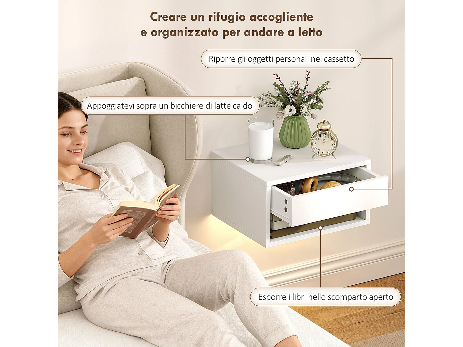 Set 2 comodini sospesi con luci led regolabili con app bianco