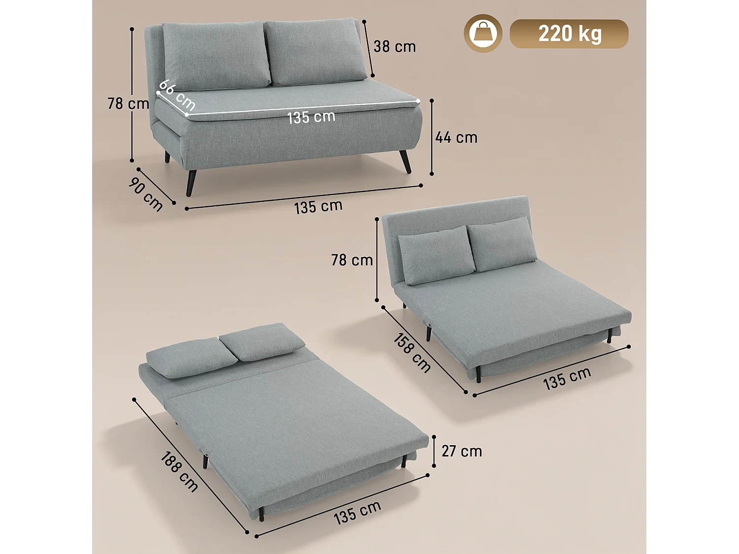 Divano letto 2 posti con 2 cuscini in tessuto effetto lino grigio
