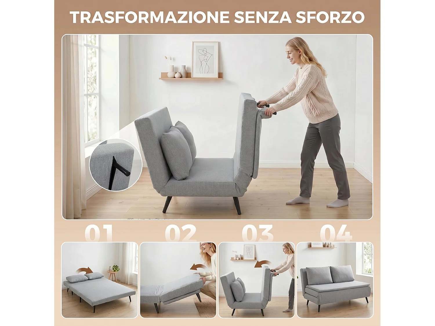 Divano letto 2 posti con 2 cuscini in tessuto effetto lino grigio