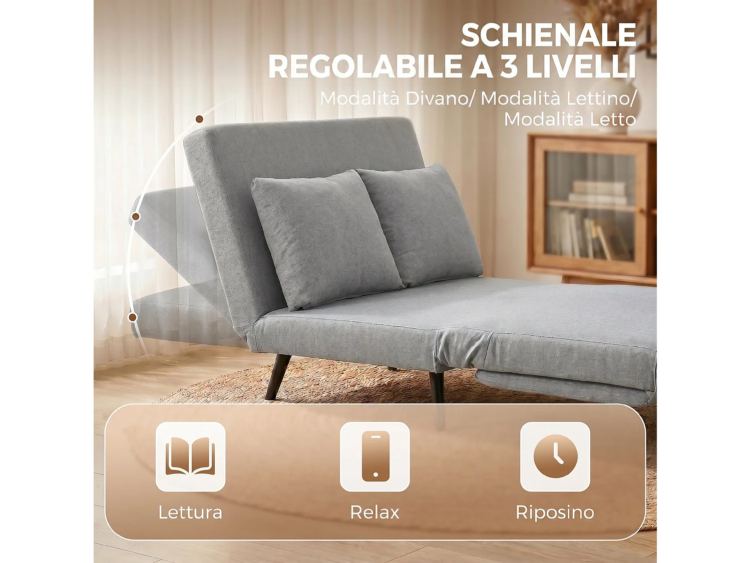 Divano letto 2 posti con 2 cuscini in tessuto effetto lino grigio