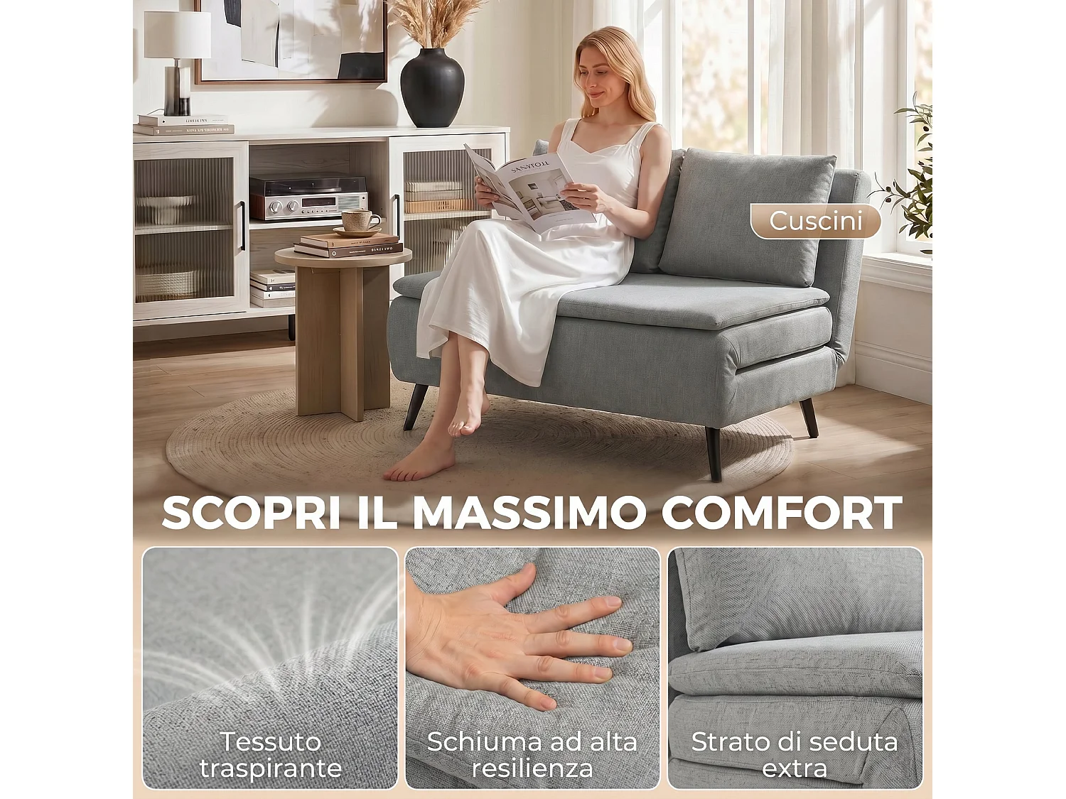 Divano letto 2 posti con 2 cuscini in tessuto effetto lino grigio