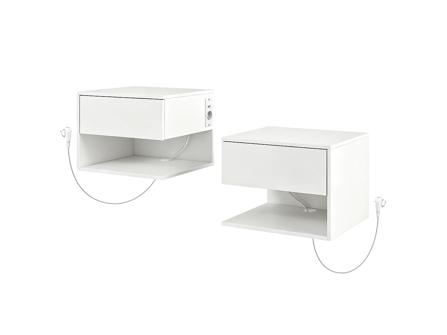 Set comodini sospesi con prese di corrente in legno bianco