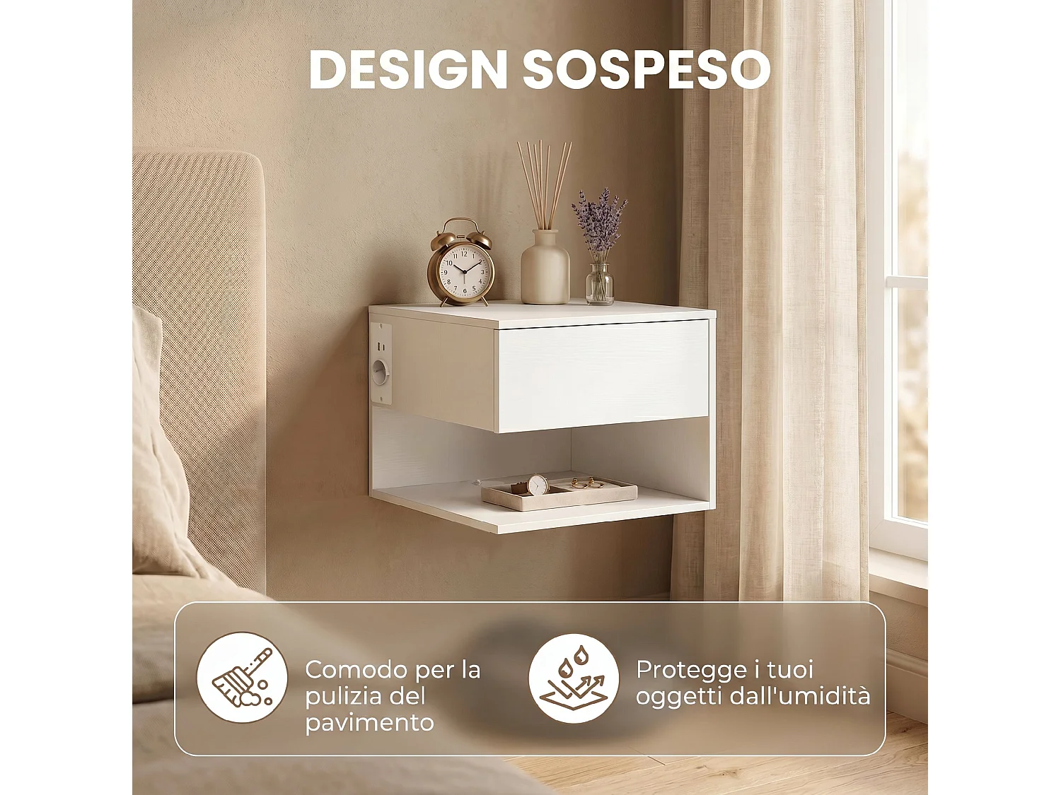Set comodini sospesi con prese di corrente in legno bianco