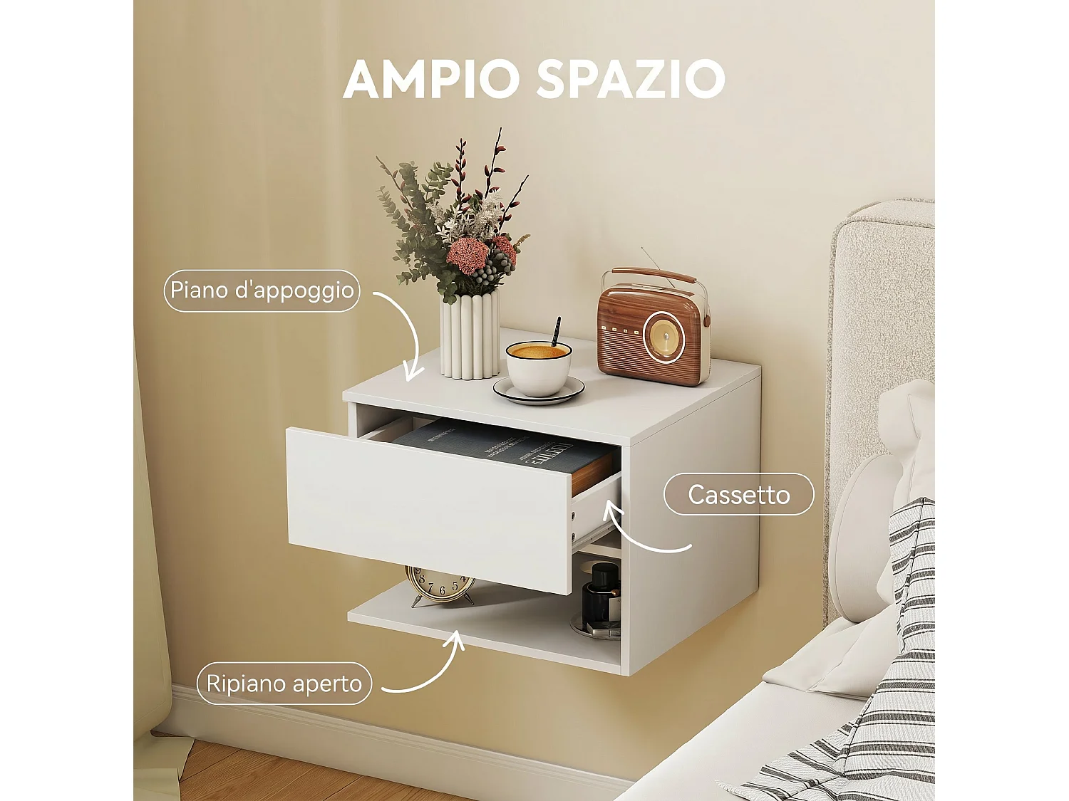 Set comodini sospesi con prese di corrente in legno bianco