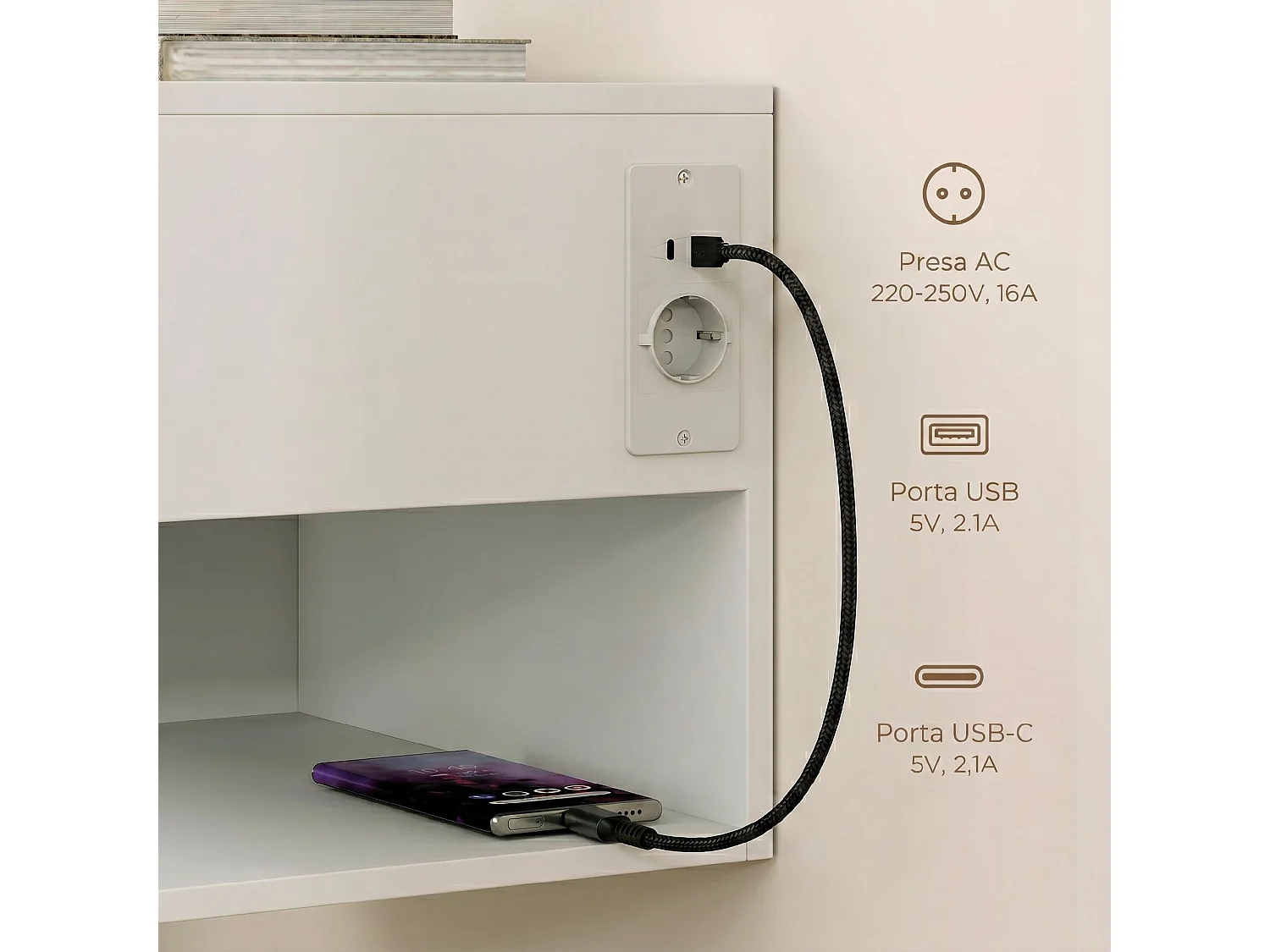 Set comodini sospesi con prese di corrente in legno bianco
