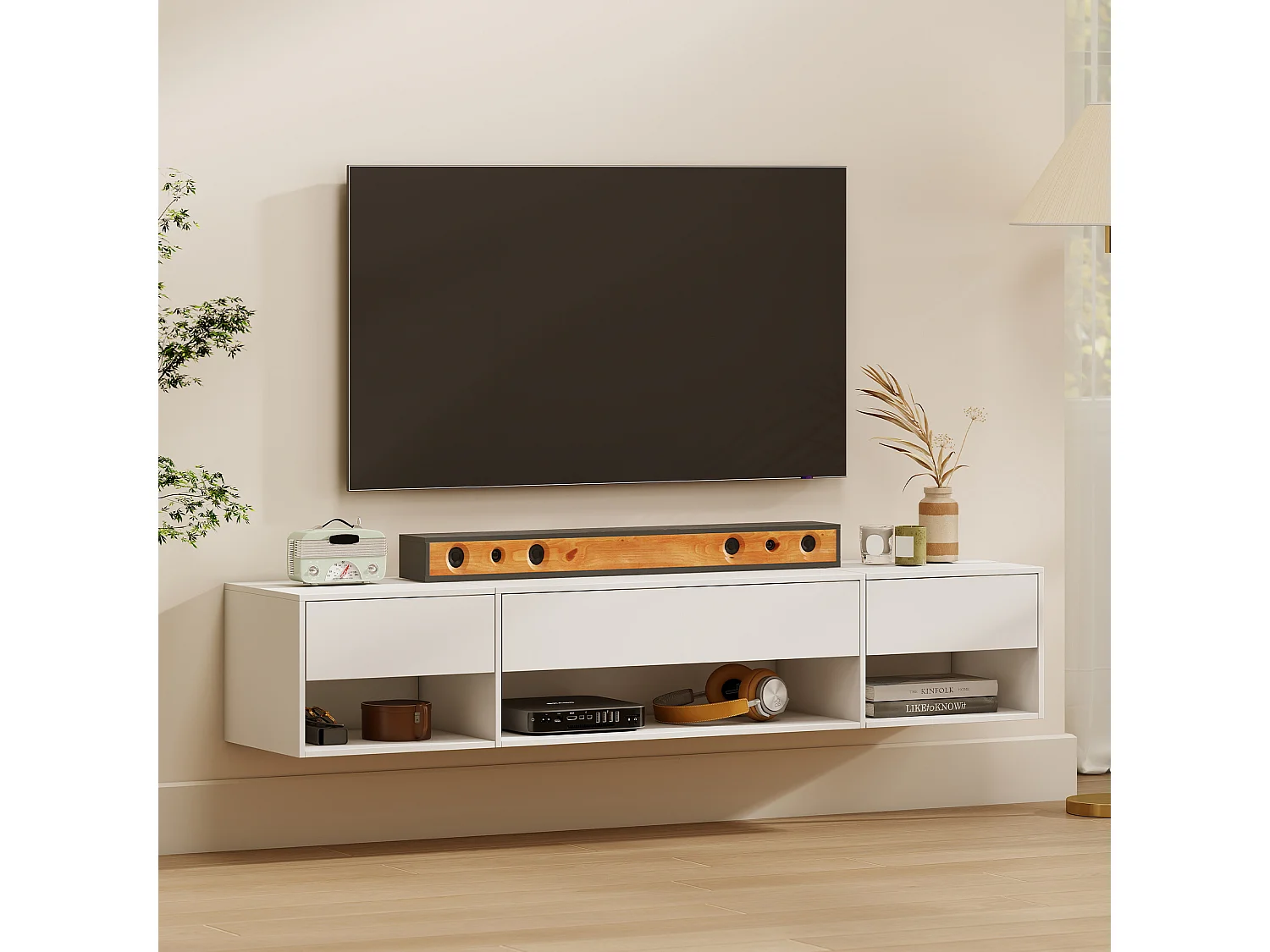 Set comodini sospesi con prese di corrente in legno bianco