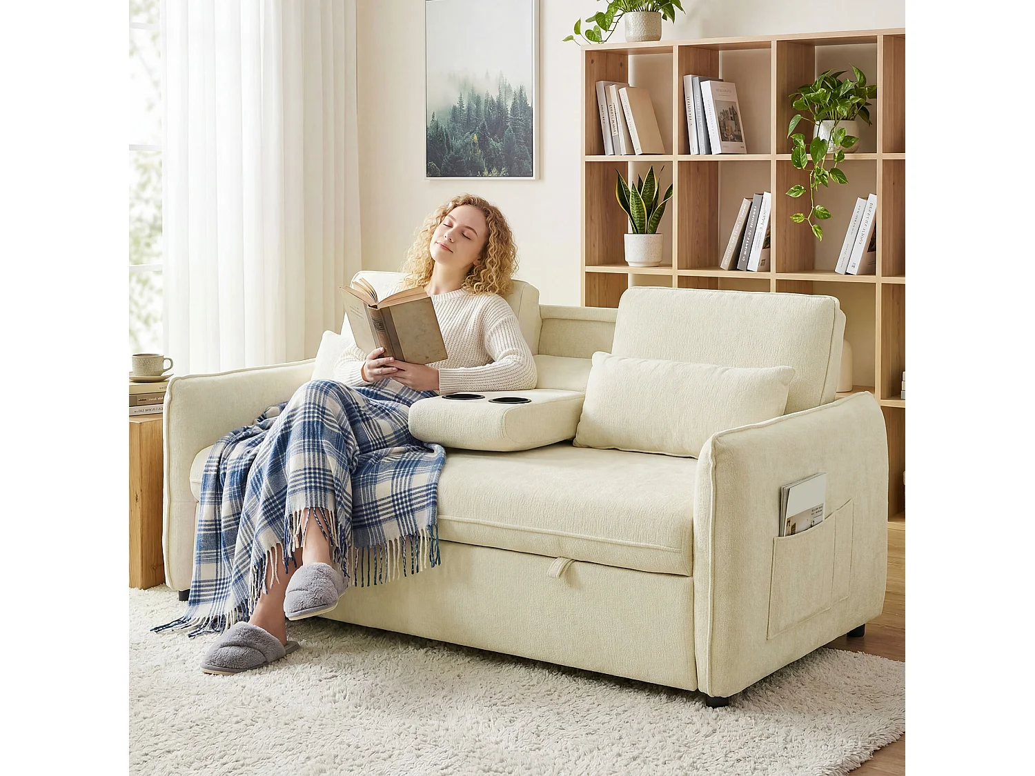 Divano letto convertibile estraibile con schienale regolabile beige