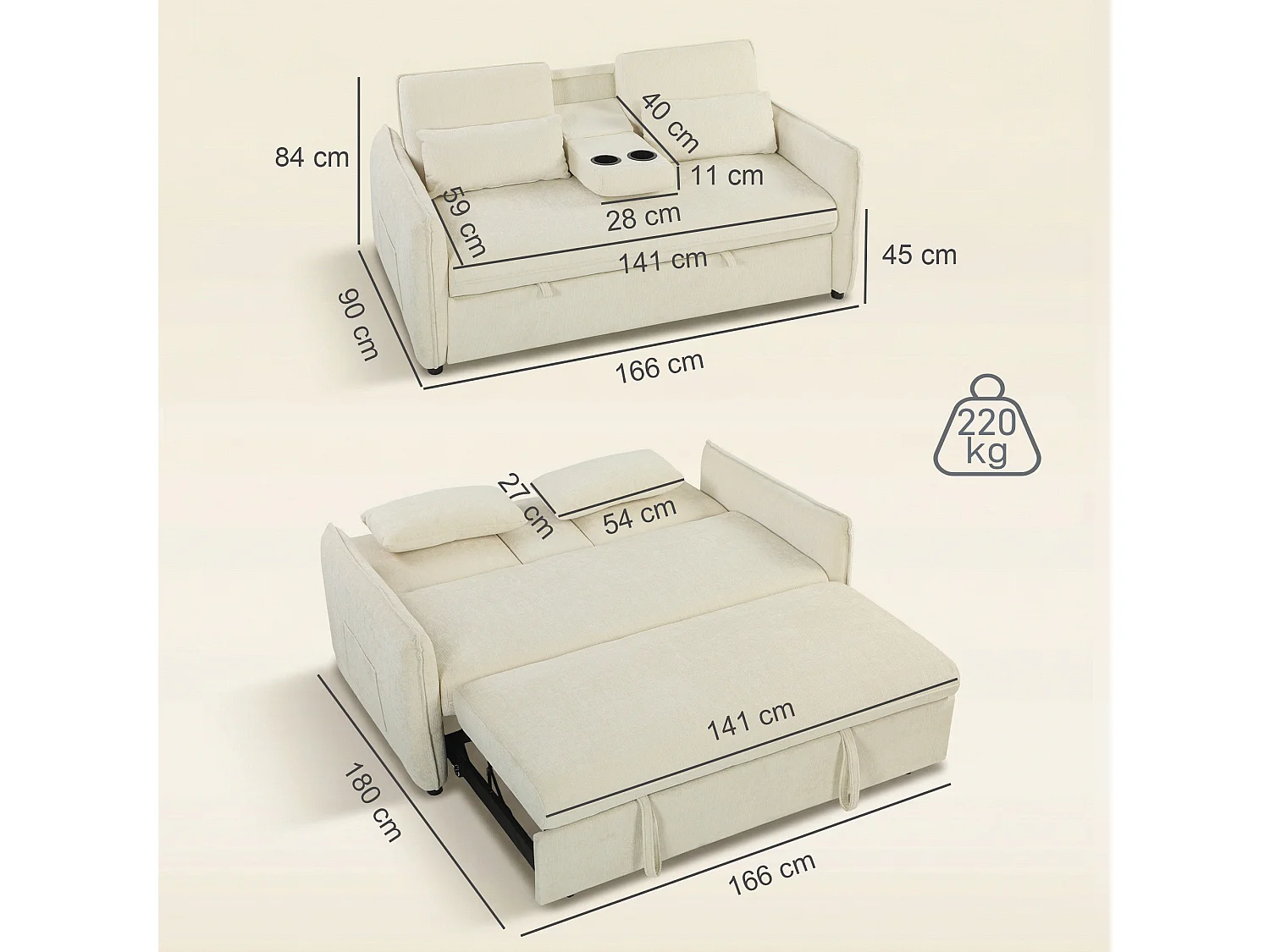 Divano letto convertibile estraibile con schienale regolabile beige