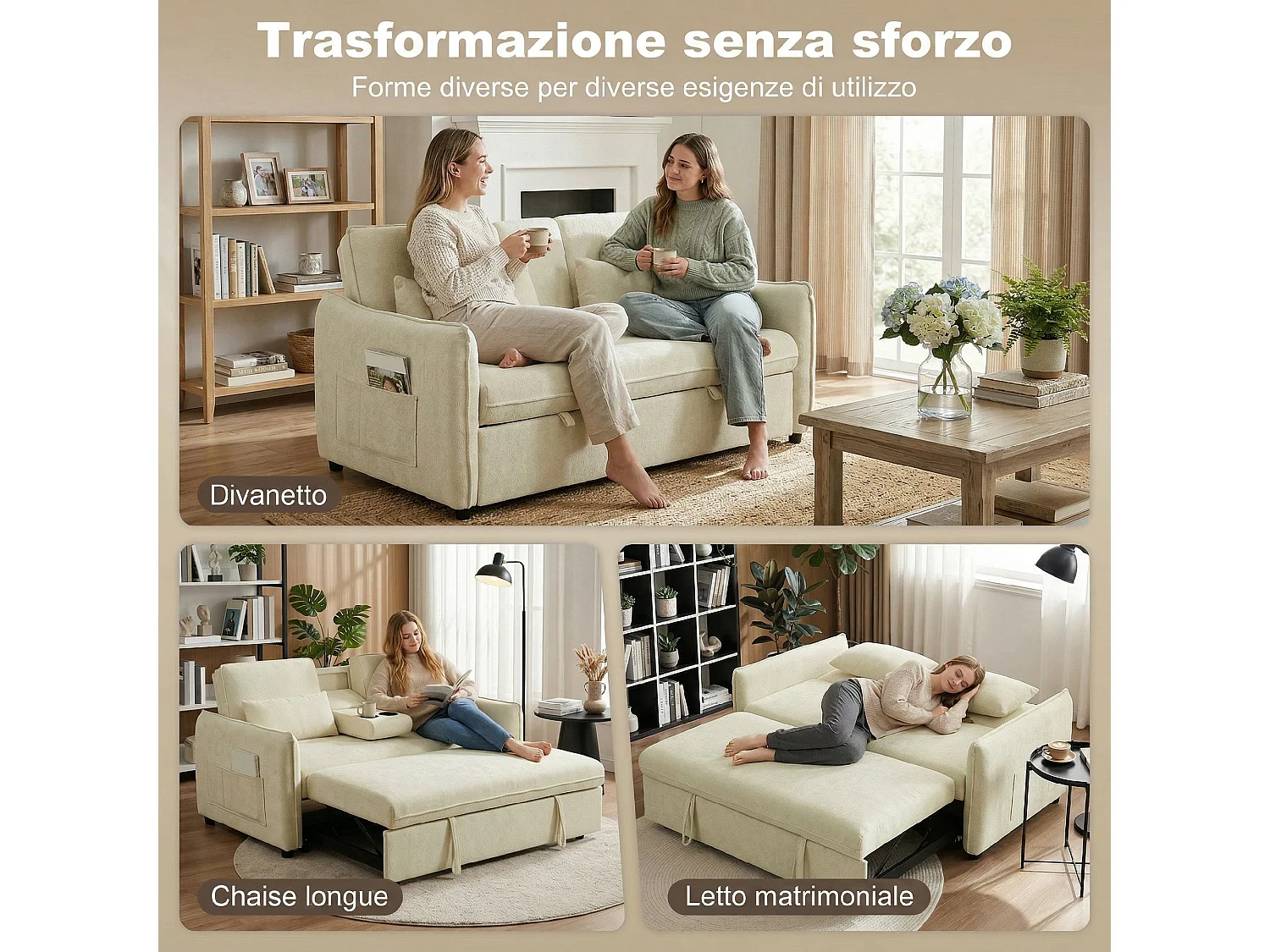 Divano letto convertibile estraibile con schienale regolabile beige
