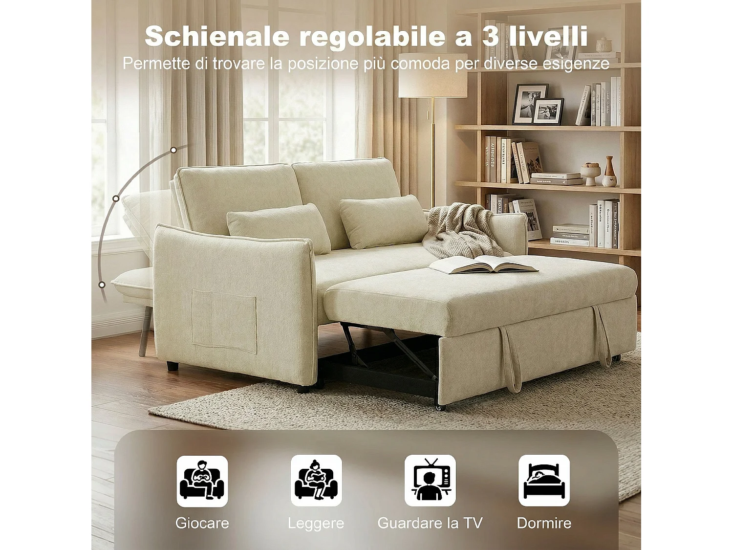 Divano letto convertibile estraibile con schienale regolabile beige