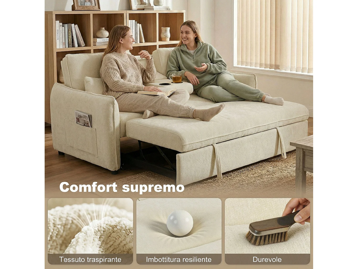 Divano letto convertibile estraibile con schienale regolabile beige