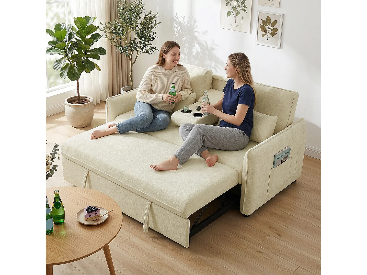 Divano letto convertibile estraibile con schienale regolabile beige