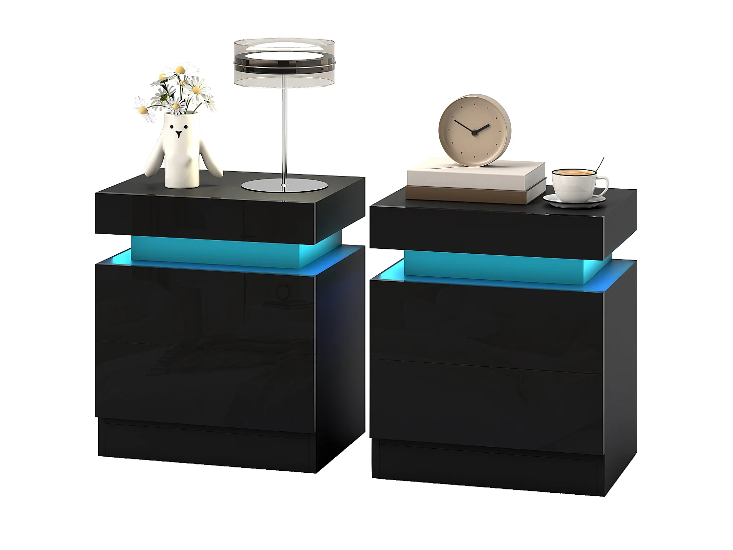 Set di 2 Comodini Camera da Letto con LED 45x35x52 cm Nero Lucido