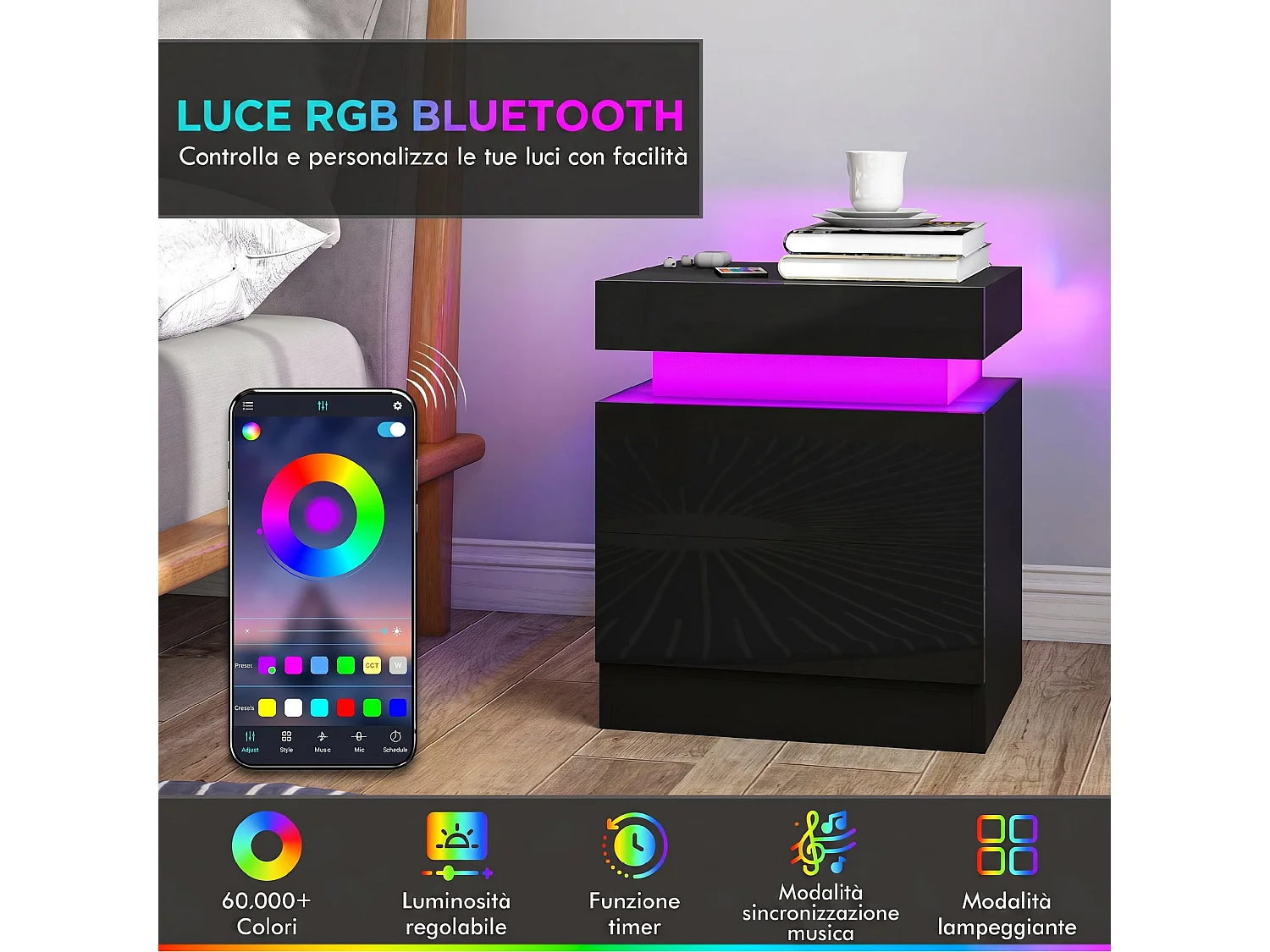 Set di 2 Comodini Camera da Letto con LED 45x35x52 cm Nero Lucido