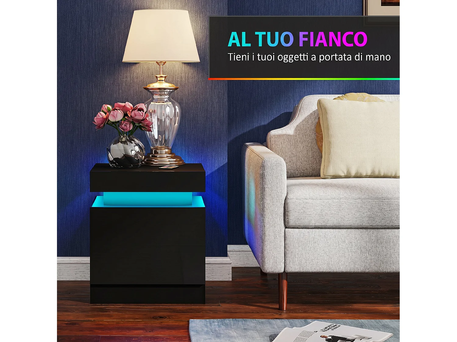 Set di 2 Comodini Camera da Letto con LED 45x35x52 cm Nero Lucido