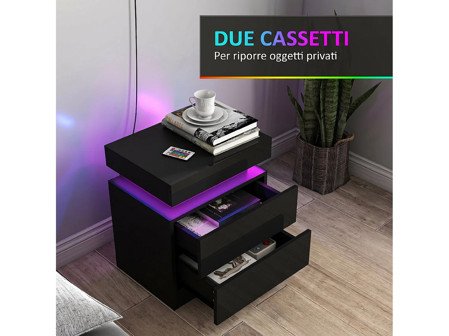 Set di 2 Comodini Camera da Letto con LED 45x35x52 cm Nero Lucido