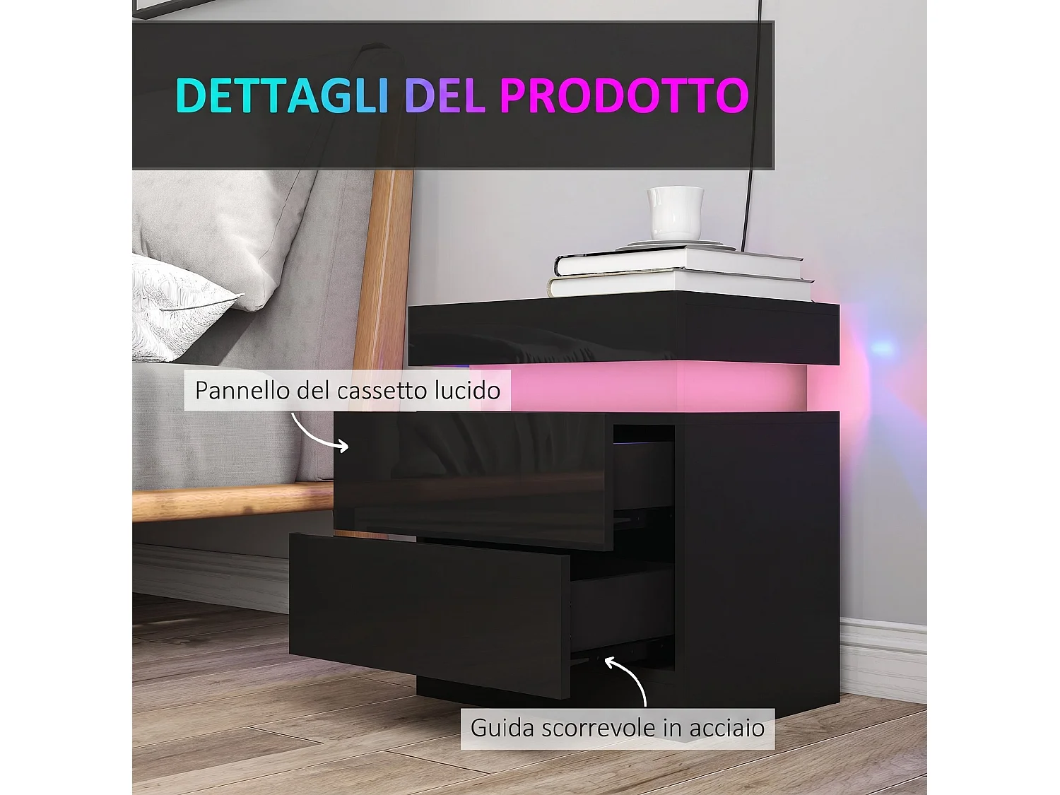 Set di 2 Comodini Camera da Letto con LED 45x35x52 cm Nero Lucido