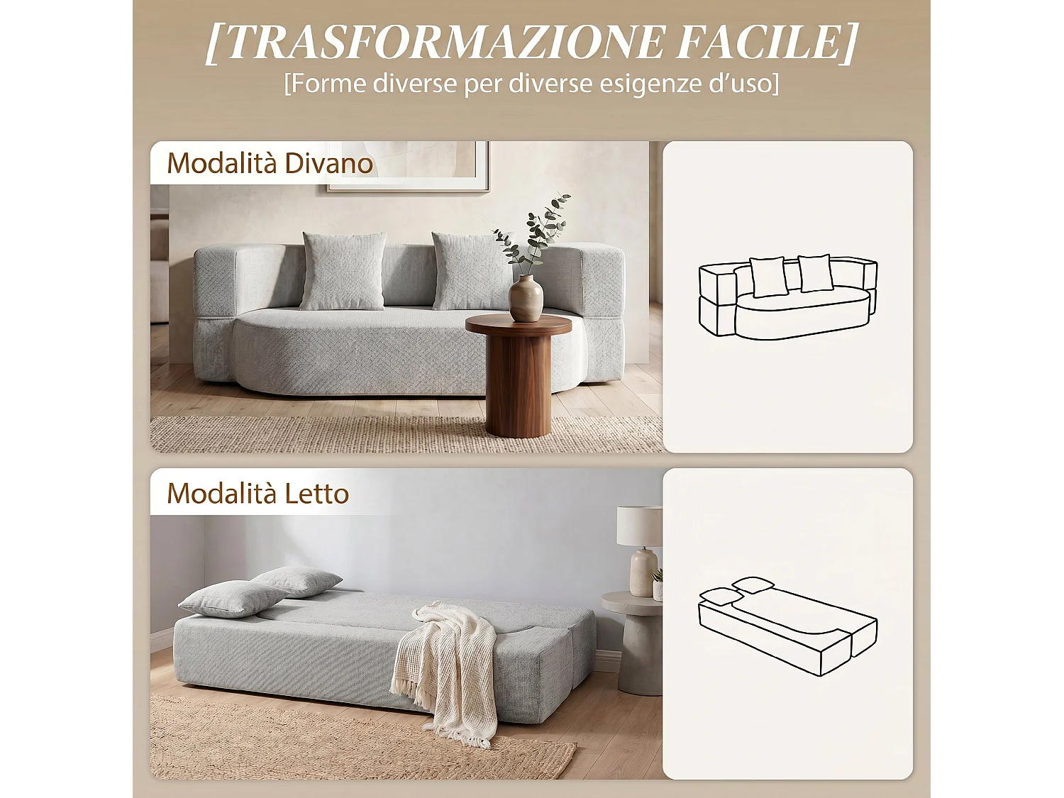Divano letto matrimoniale con 2 cuscini in ciniglia grigio chiaro