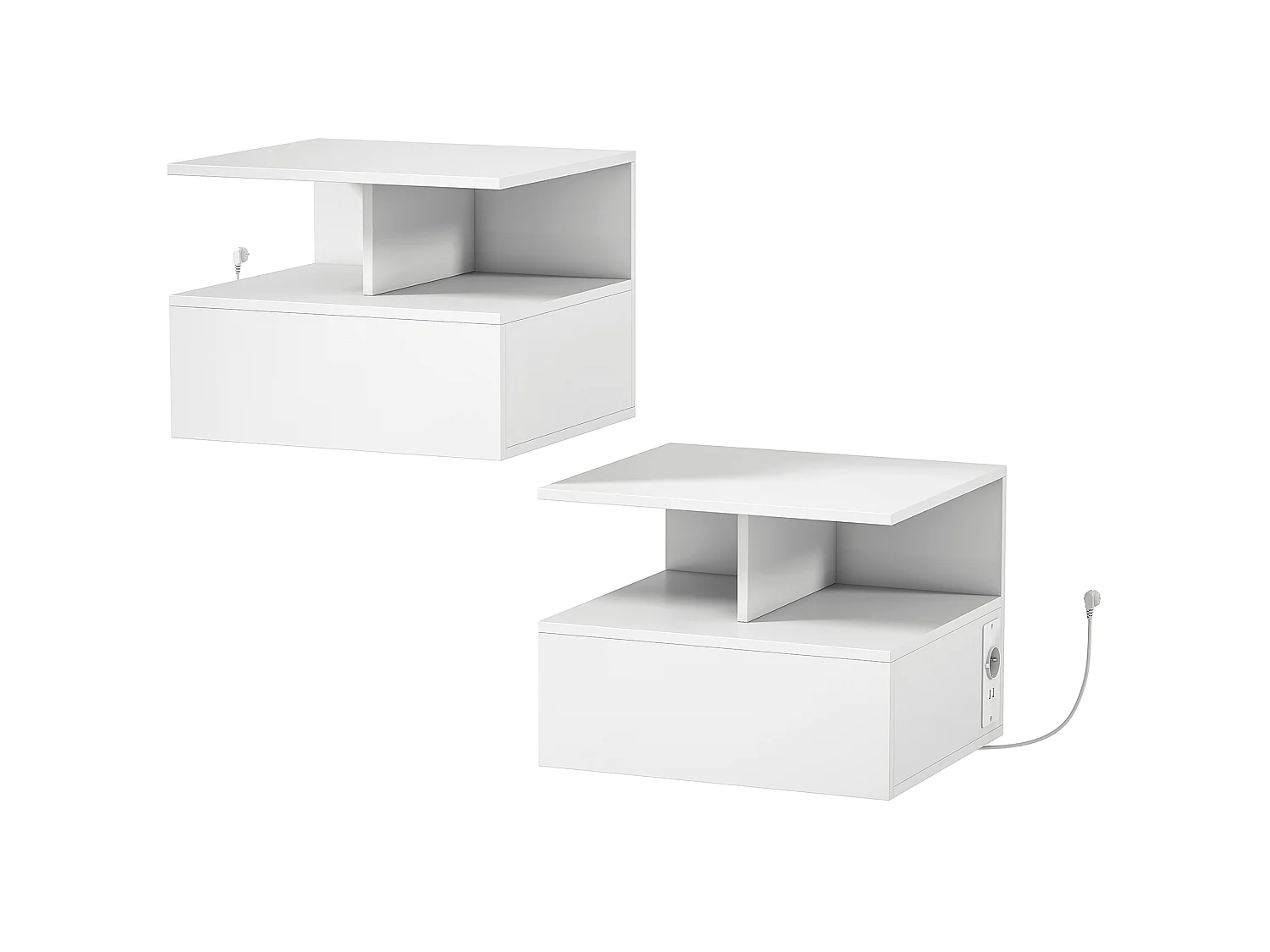 Set 2 comodini sospesi con cassetto e ripiano aperto bianco
