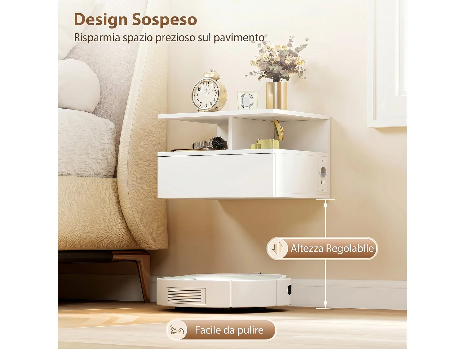 Set 2 comodini sospesi con cassetto e ripiano aperto bianco