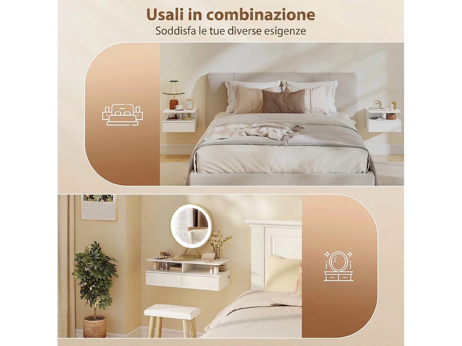 Set 2 comodini sospesi con cassetto e ripiano aperto bianco