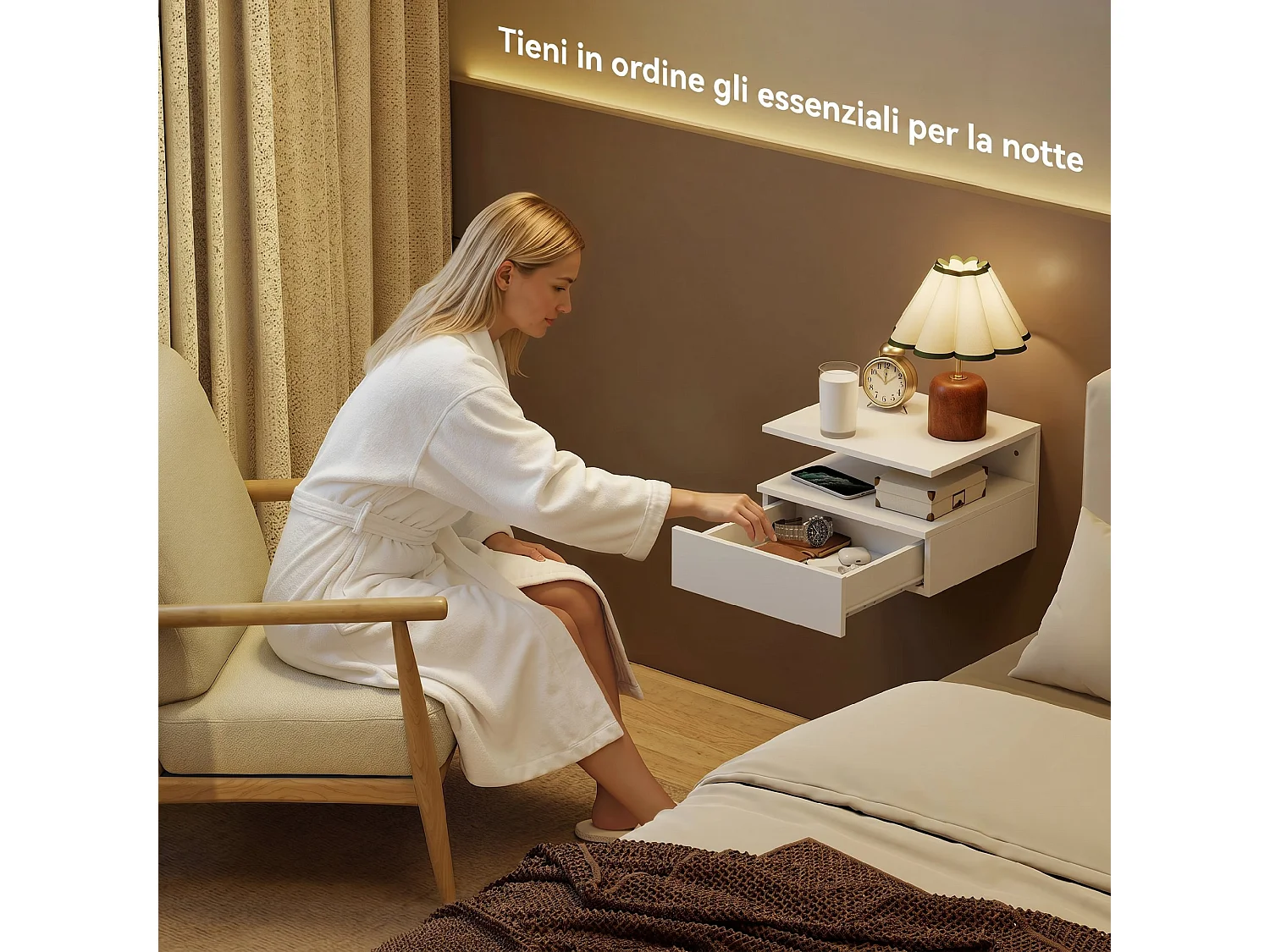 Set 2 comodini sospesi con cassetto e ripiano aperto bianco