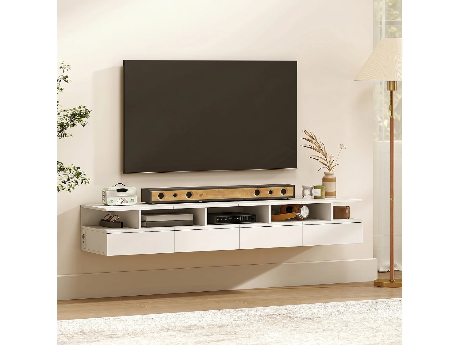 Set 2 comodini sospesi con cassetto e ripiano aperto bianco