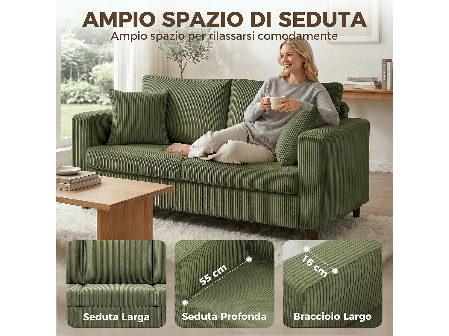Divano 2 posti con seduta ampia profonda in velluto a coste verde
