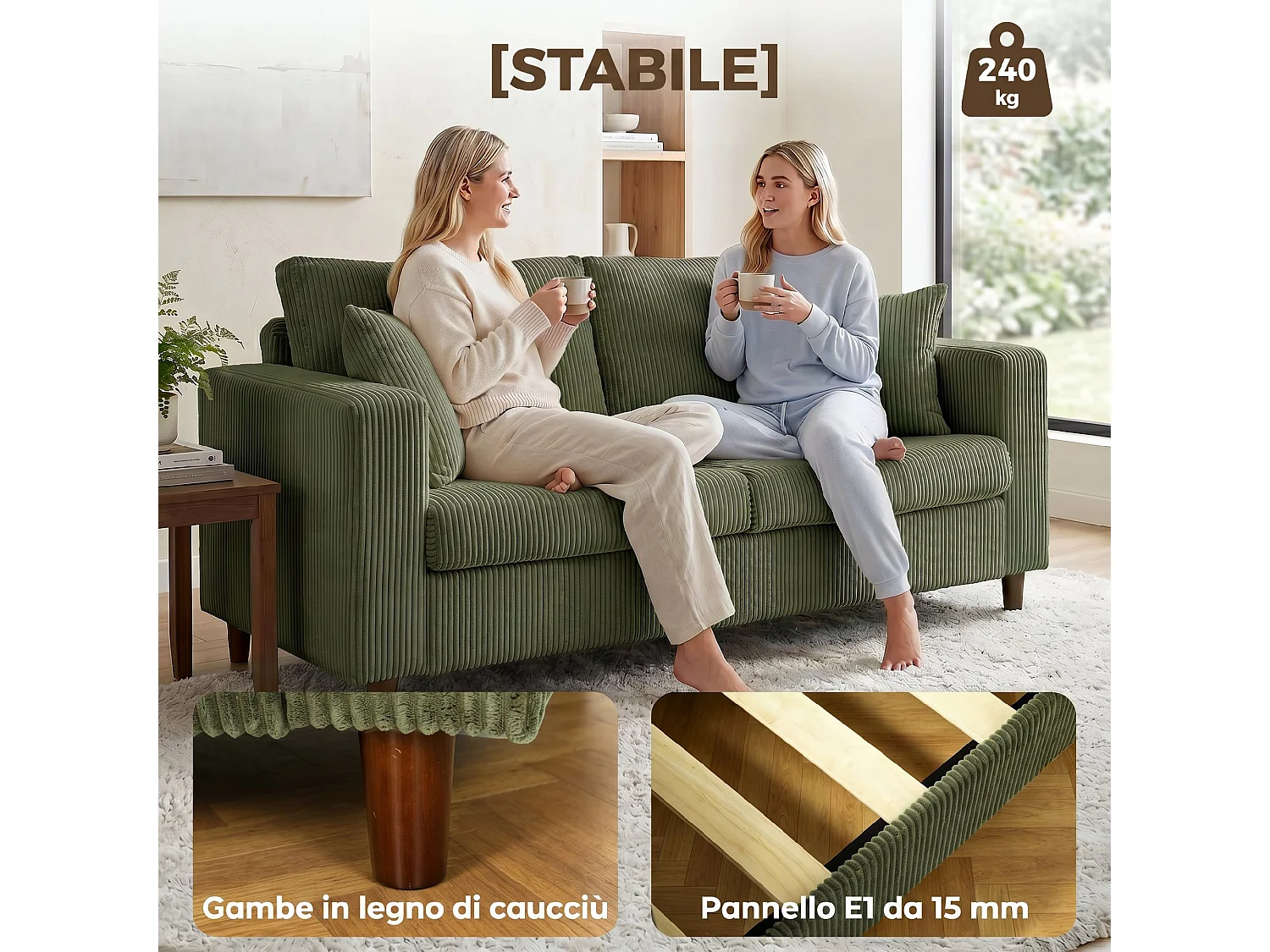 Divano 2 posti con seduta ampia profonda in velluto a coste verde