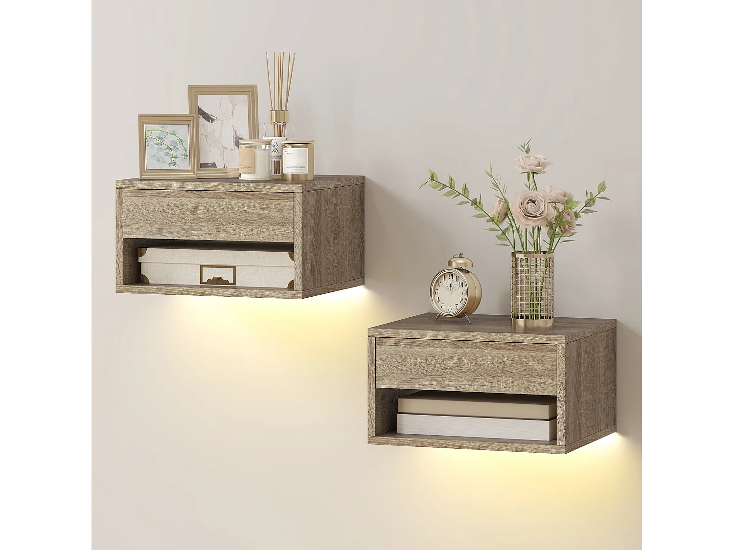 Set 2 comodini sospesi con luci led regolabili con app color legno