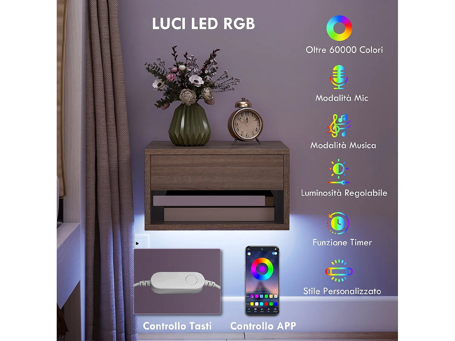 Set 2 comodini sospesi con luci led regolabili con app color legno