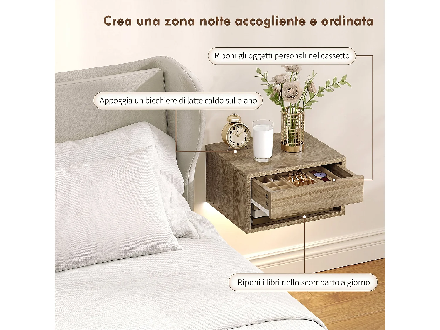Set 2 comodini sospesi con luci led regolabili con app color legno
