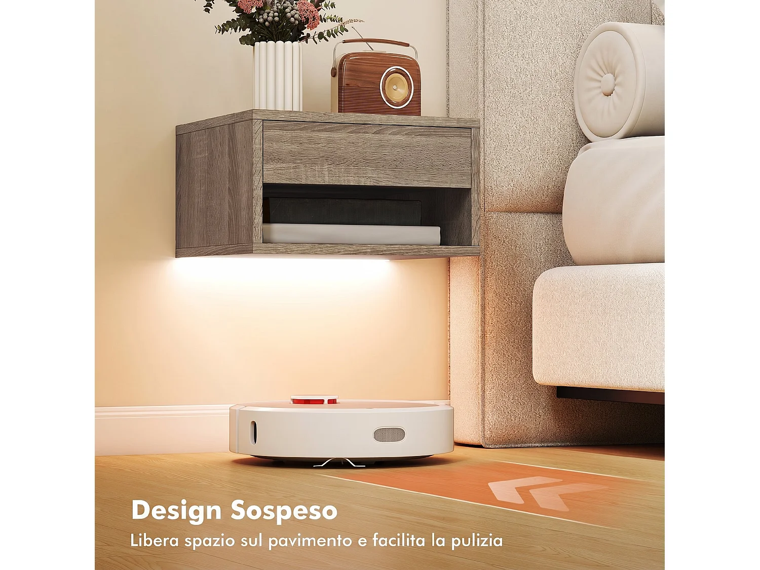 Set 2 comodini sospesi con luci led regolabili con app color legno
