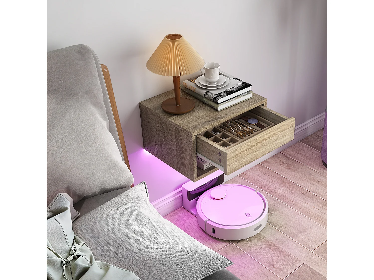 Set 2 comodini sospesi con luci led regolabili con app color legno