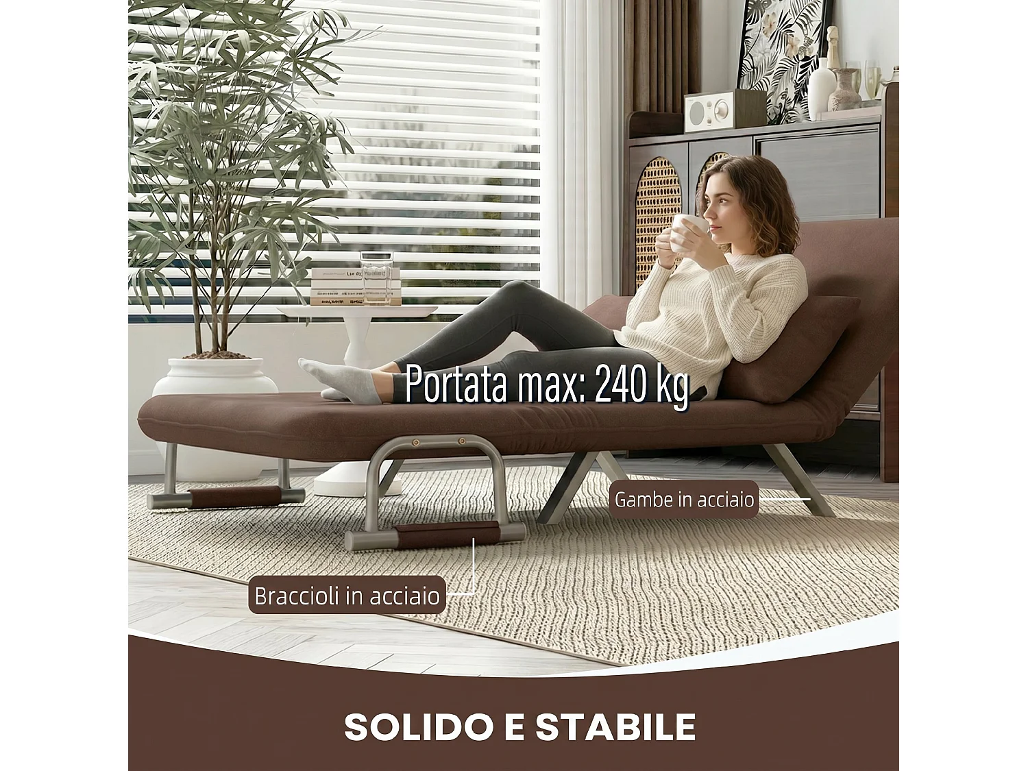 Divano letto 2 posti in pelle scamosciata sintetica marrone scuro