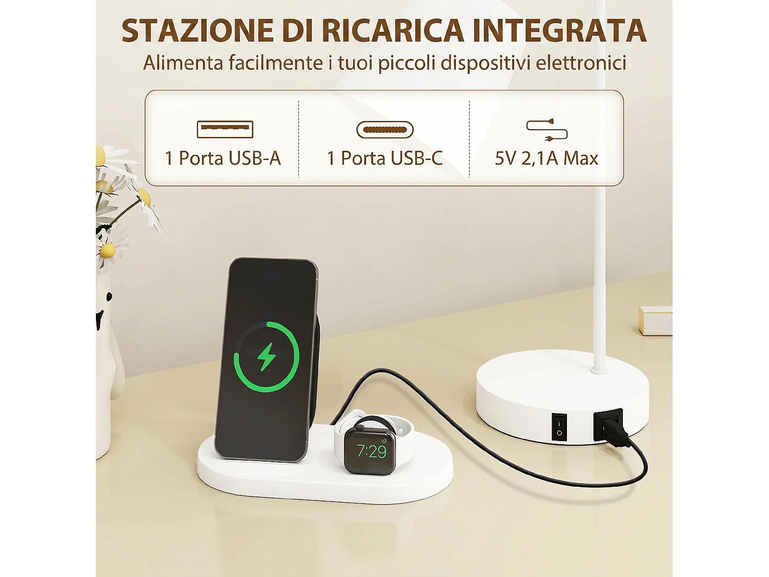 Set di 2 Lampade da Tavolo Moderne con Porte USB in Acciaio, Bianco
