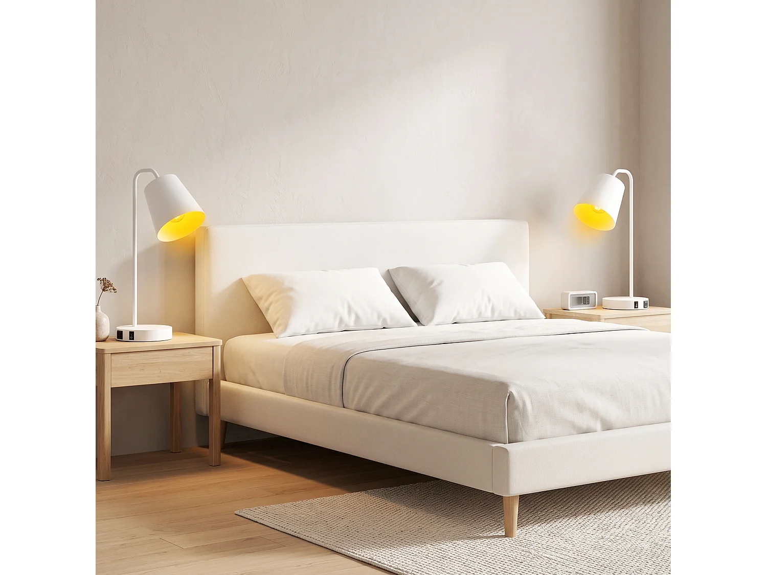 Set di 2 Lampade da Tavolo Moderne con Porte USB in Acciaio, Bianco