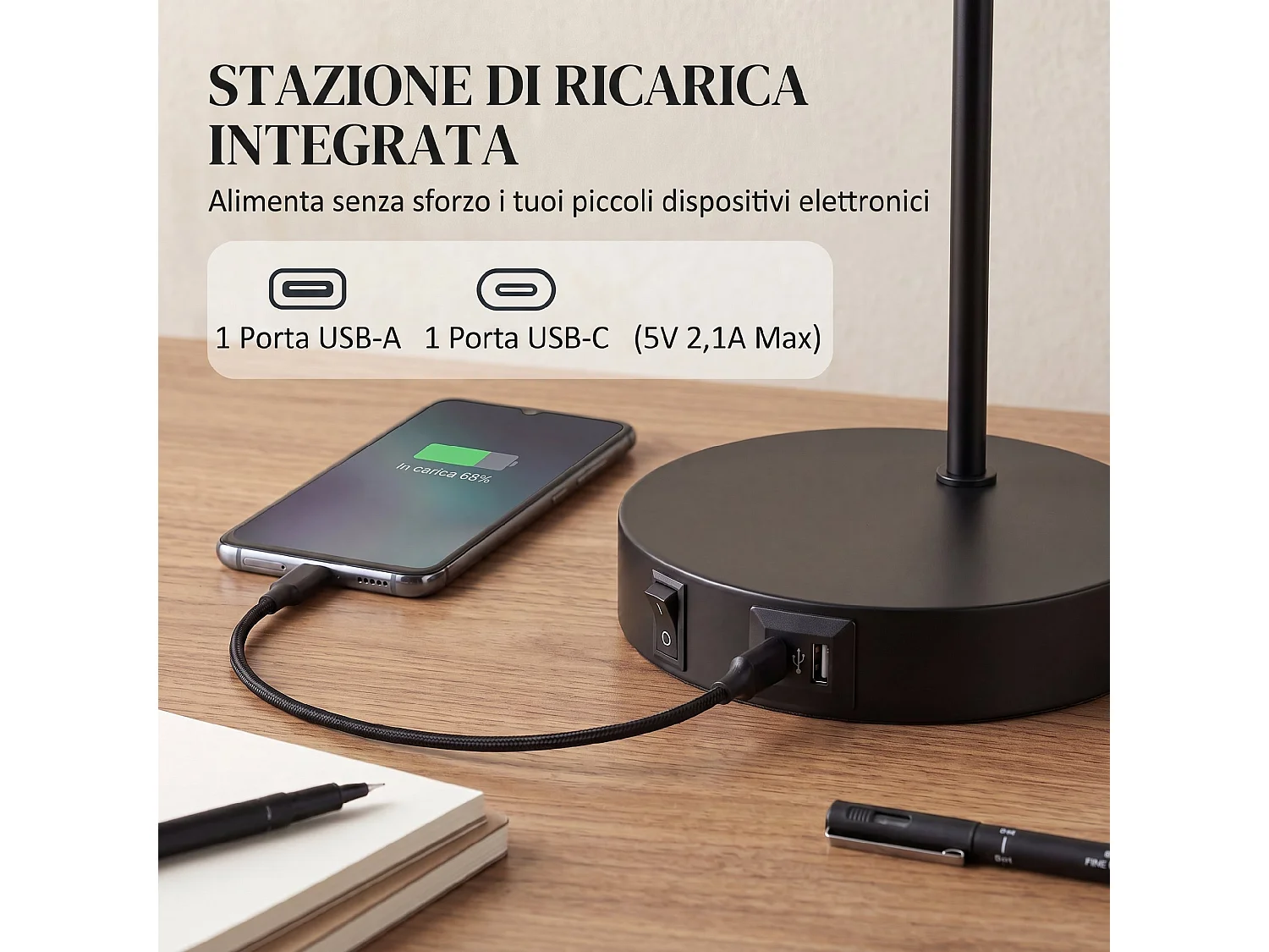 Set di 2 Lampade da Tavolo Moderne con Porte USB Attacco E27 Nero