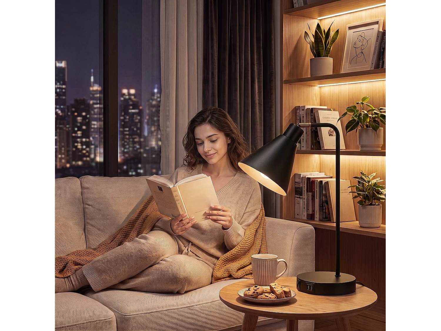 Set di 2 Lampade da Tavolo Moderne con Porte USB Attacco E27 Nero