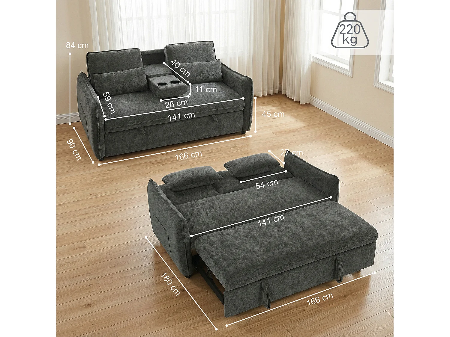 3 in 1 divano letto 2 posti con 2 cuscini in ciniglia grigio scuro