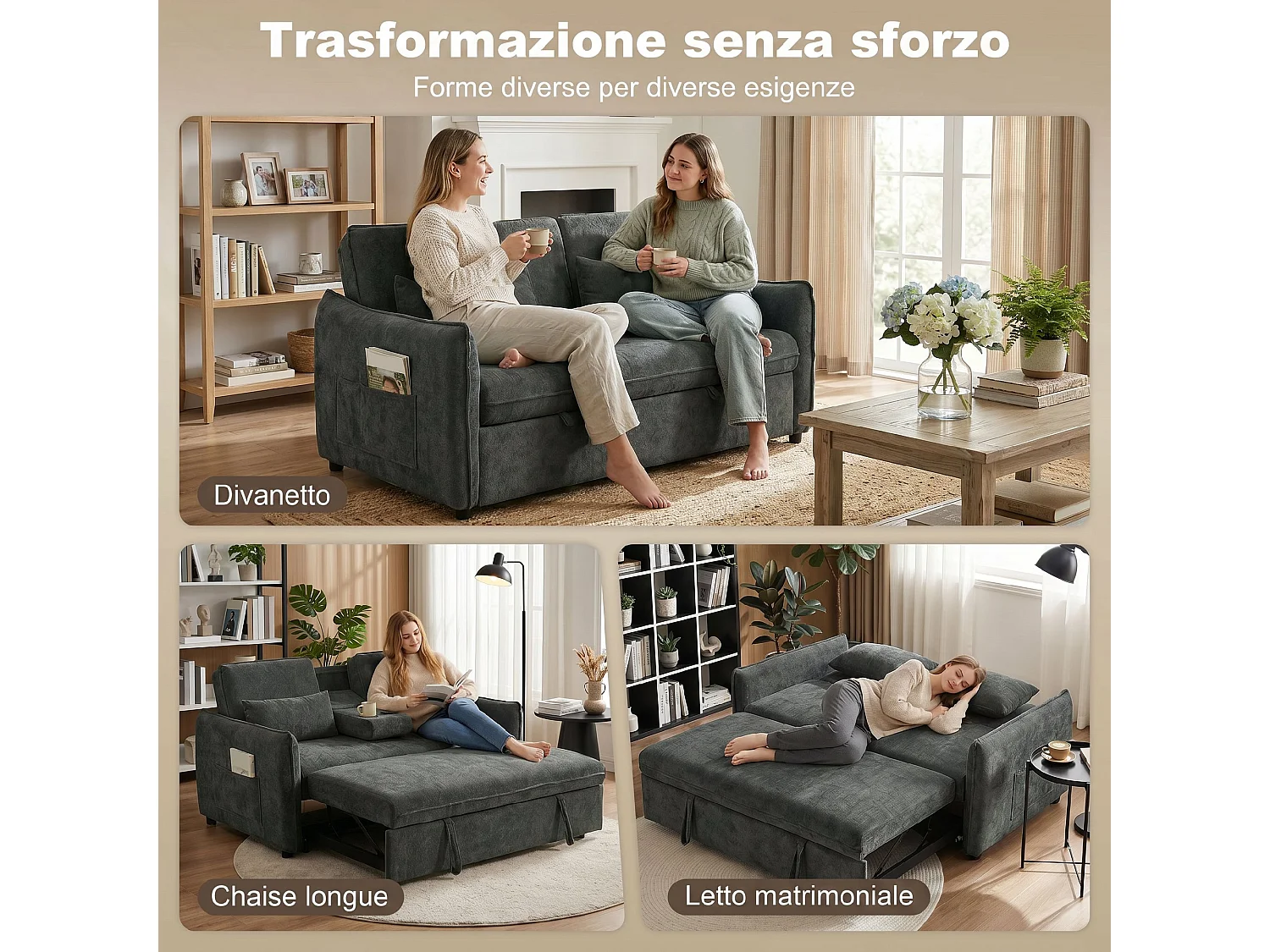 3 in 1 divano letto 2 posti con 2 cuscini in ciniglia grigio scuro