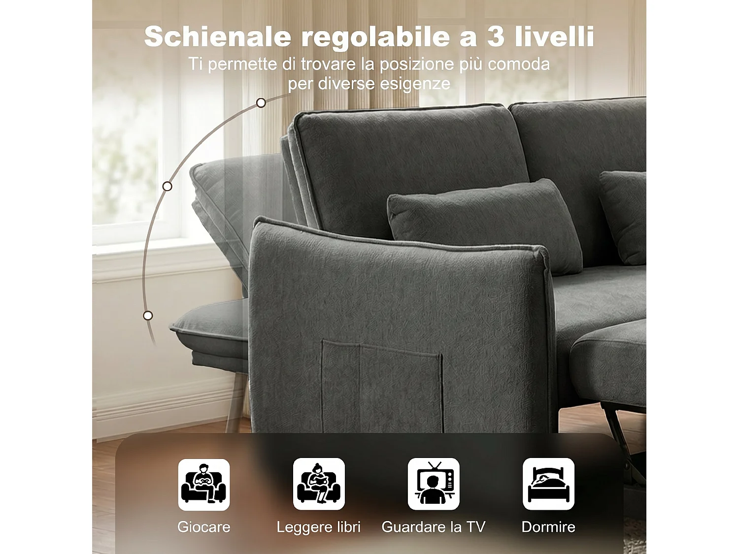 3 in 1 divano letto 2 posti con 2 cuscini in ciniglia grigio scuro