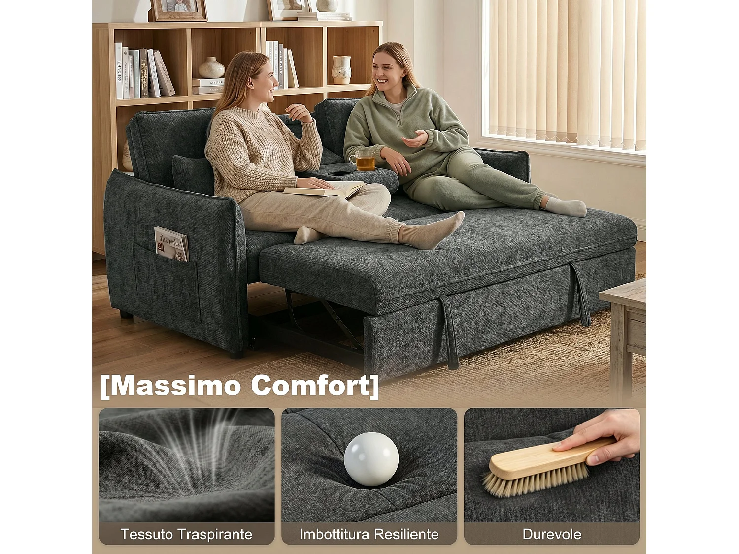 3 in 1 divano letto 2 posti con 2 cuscini in ciniglia grigio scuro