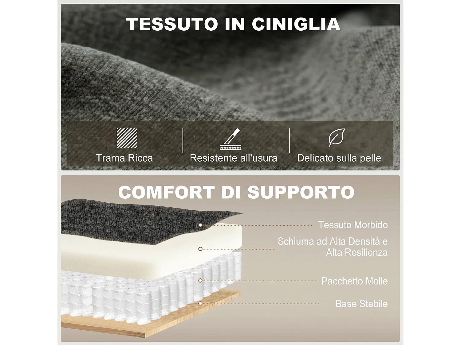 3 in 1 divano letto 2 posti con 2 cuscini in ciniglia grigio scuro