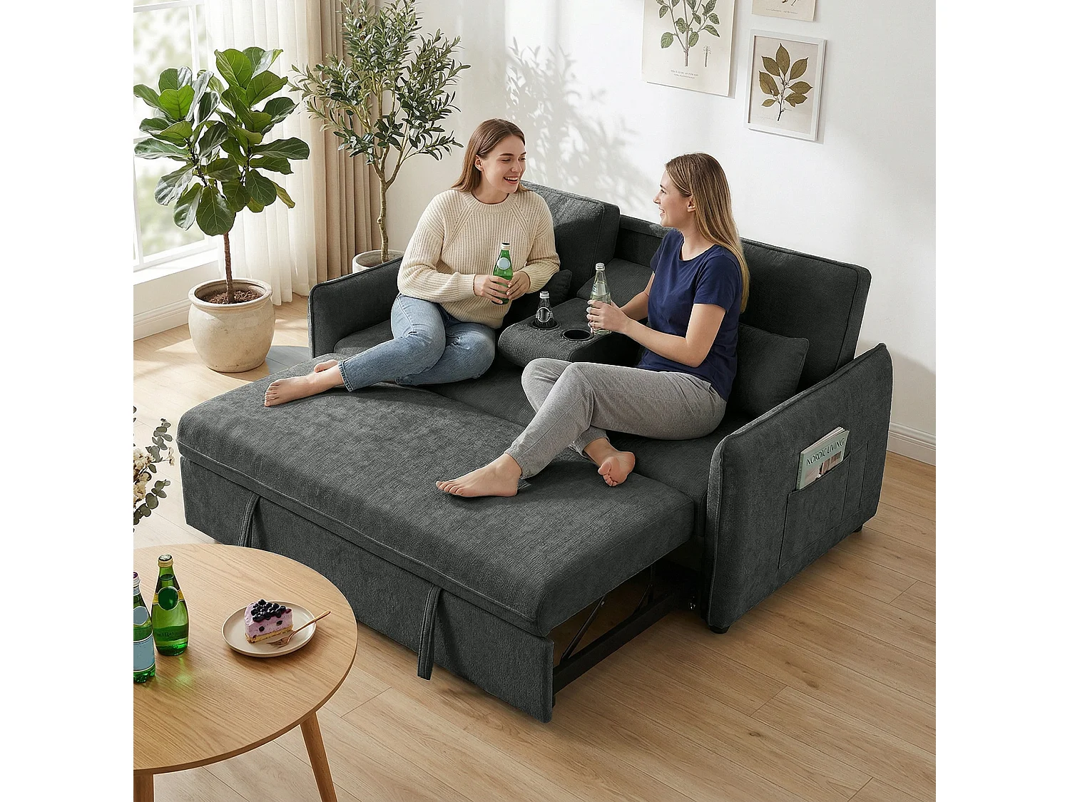 3 in 1 divano letto 2 posti con 2 cuscini in ciniglia grigio scuro