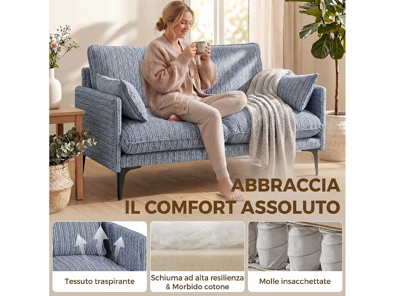 Divano 2 posti con 2 cuscini per soggiorno salotto in lino blu