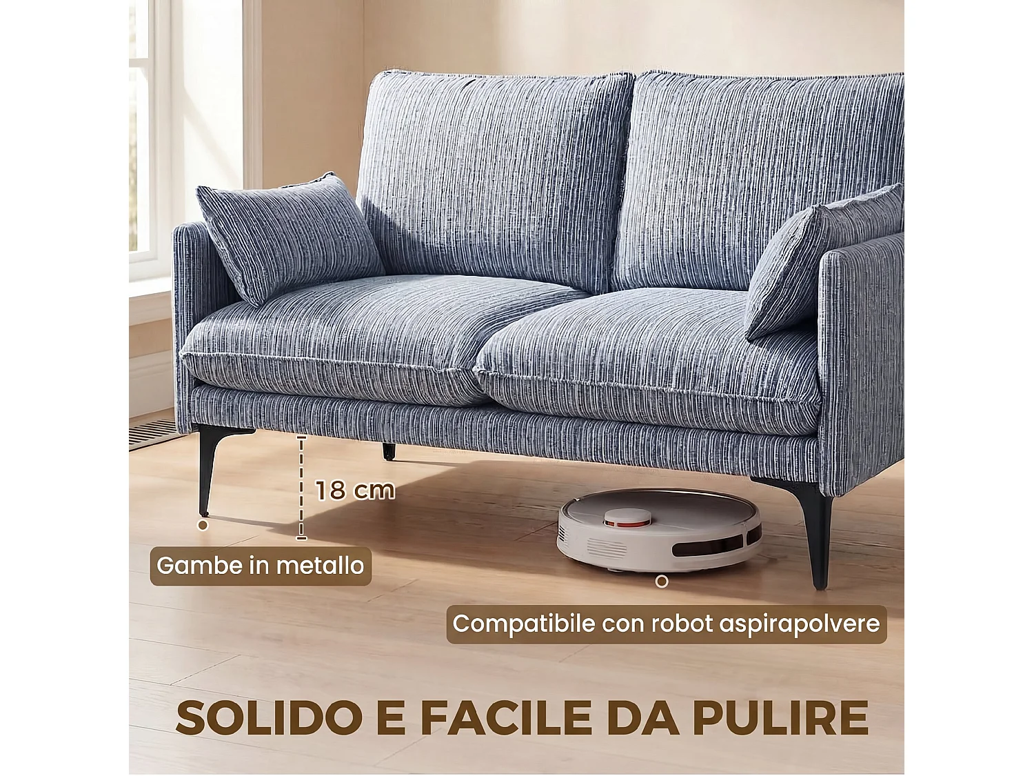 Divano 2 posti con 2 cuscini per soggiorno salotto in lino blu